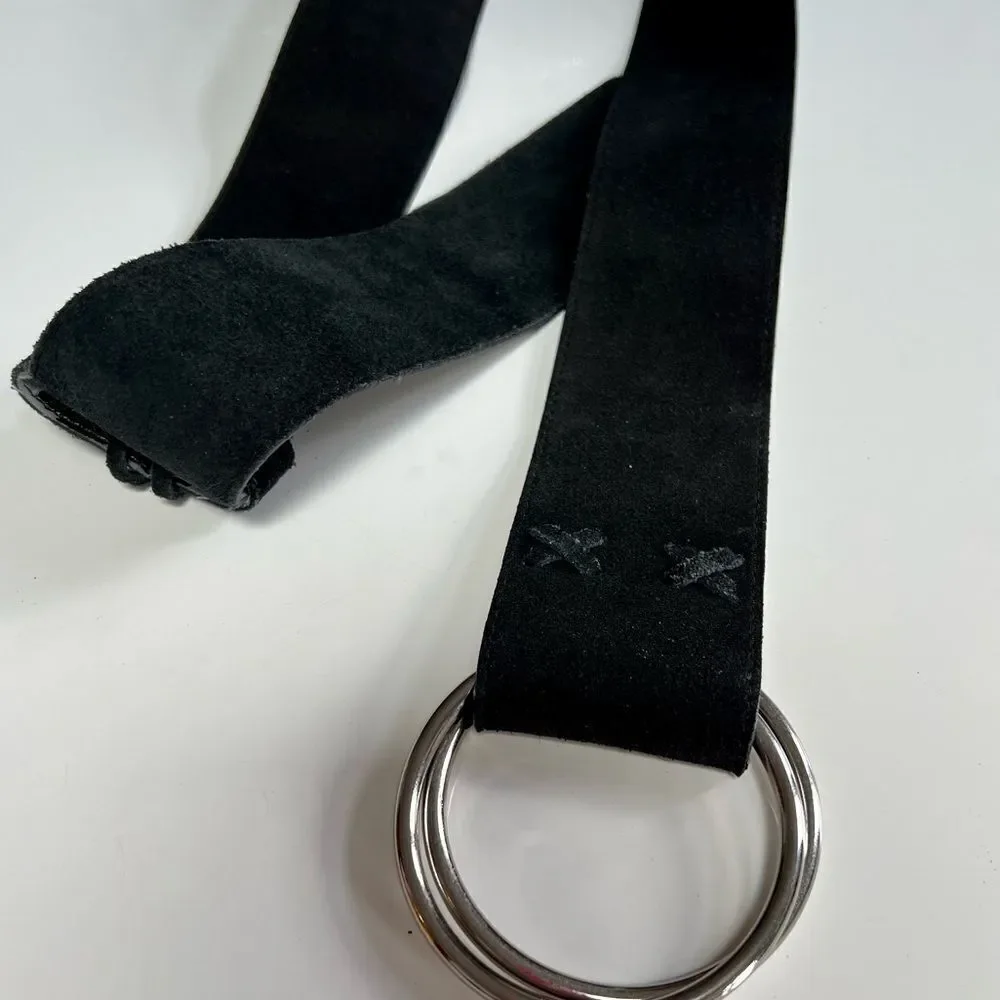 Killer Vintage 1970s Black Oversized Suede Leather Whipstitch Silver Ring Belt